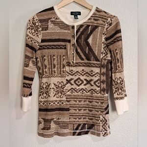 Lauren Ralph Lauren Henley Top Brown/Cream Aztec Print Petite M
